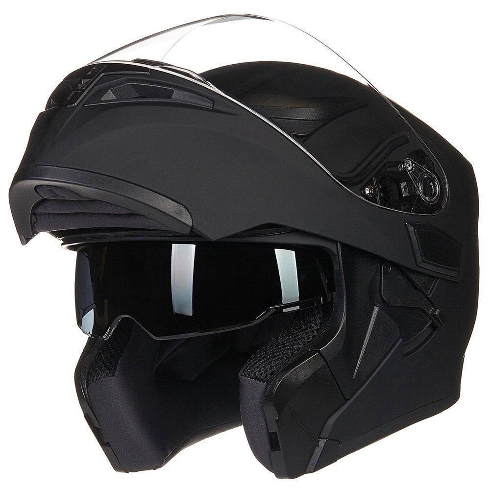 ILM Motorcycle Dual Visor Flip up Modular Full Face Helmet DOT 6 Colors Model 902 (L, Matte Black)