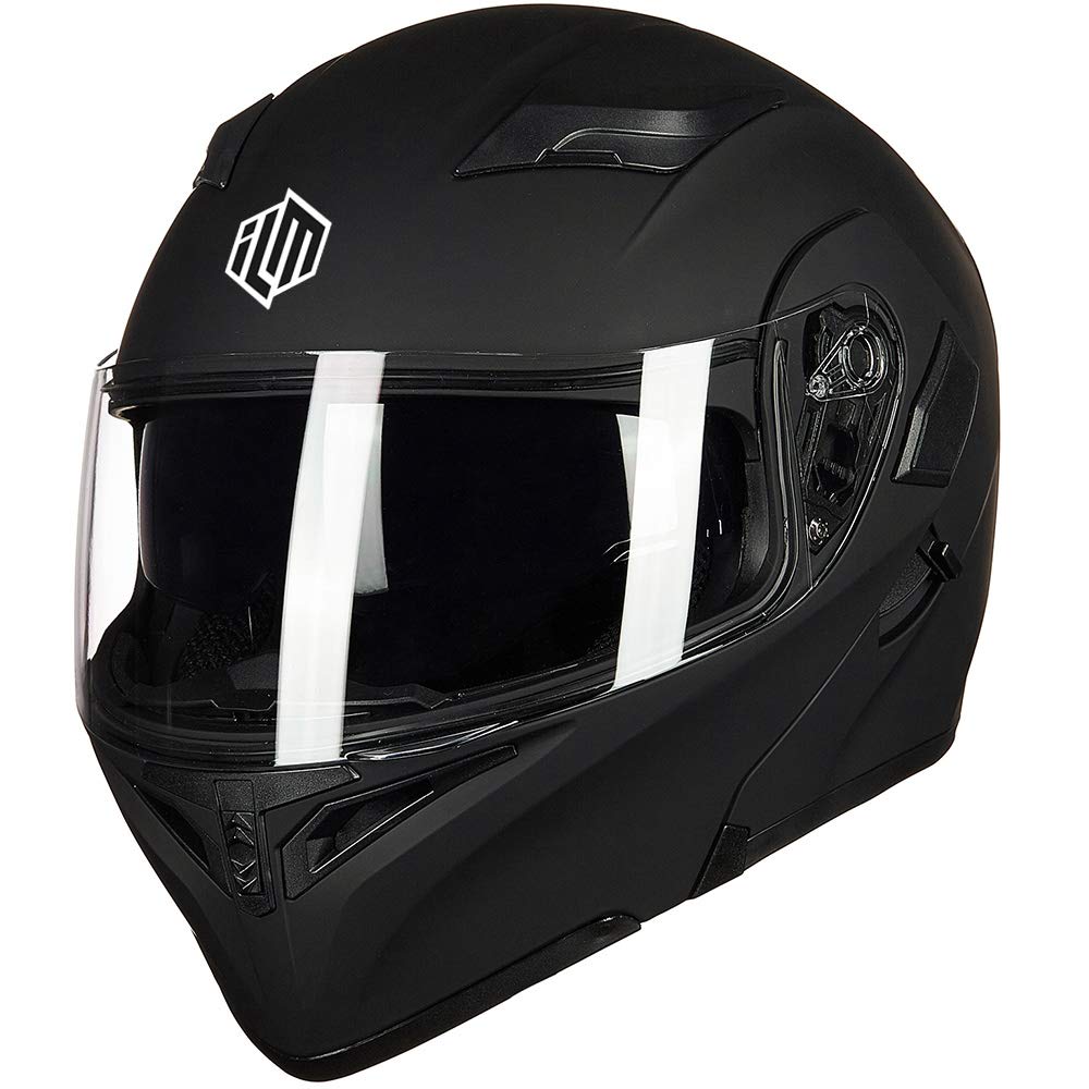 ILM Motorcycle Dual Visor Flip up Modular Full Face Helmet DOT 6 Colors Model 902 (L, Matte Black)