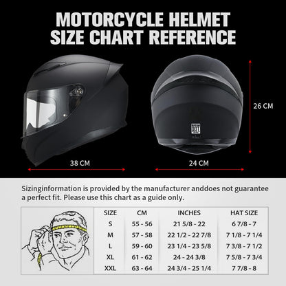 JQF Gear Full Face Motorcycle Helmet WS-607 DOT Approved Motorbike Racing Street Bike Helmets for Adults with Clear and Black Visor (Flat Black BB, L)