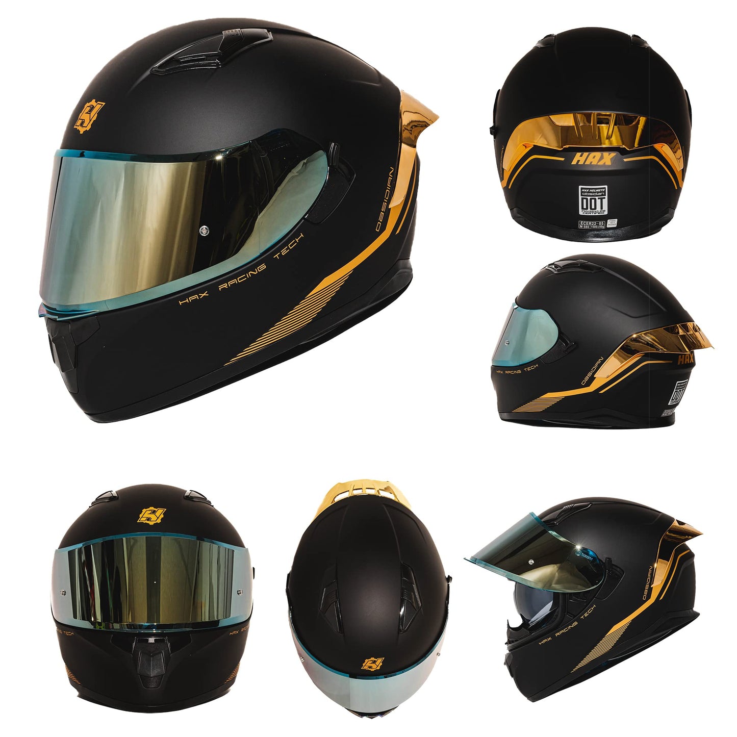 HAX Obsidian Full Face Dual Visor Adult Motorcycle Helmet for Motorbike Street Bike with Pinlock Ready DOT Approved Matte Black Gold S