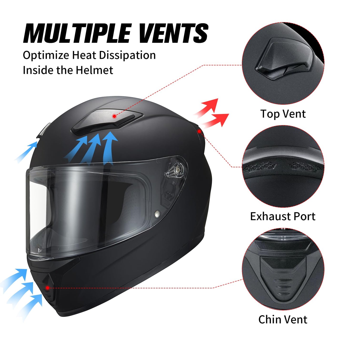 JQF Gear Full Face Motorcycle Helmet WS-607 DOT Approved Motorbike Racing Street Bike Helmets for Adults with Clear and Black Visor (Flat Black BB, L)