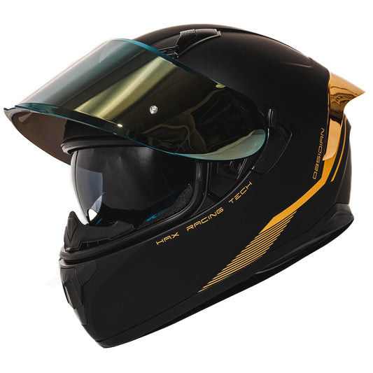 HAX Obsidian Full Face Dual Visor Adult Motorcycle Helmet for Motorbike Street Bike with Pinlock Ready DOT Approved Matte Black Gold S